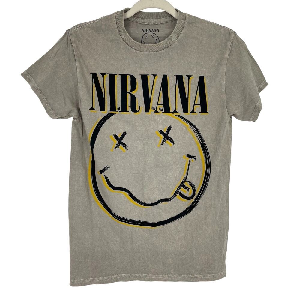 Officially Licensed Nirvana Nevermind Smiley Grunge Tee Beige Acid Wash Small